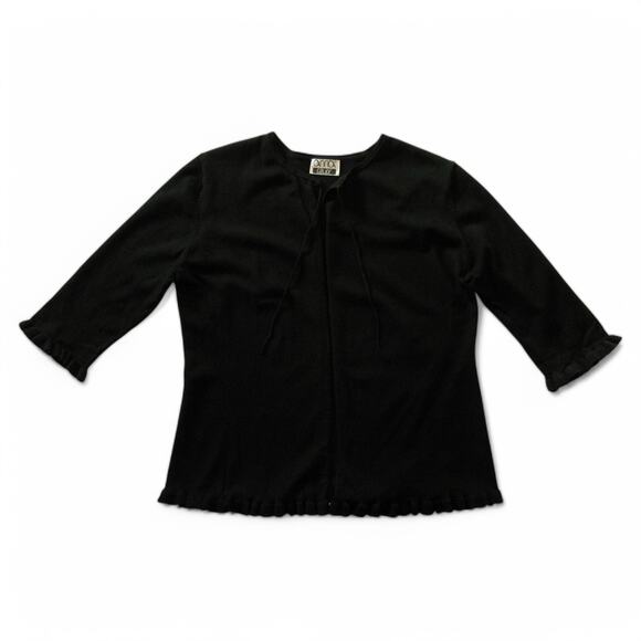 Anna Gray Sweater Open Front with 3/4 Sleeves Black Ruffle Trim 38 Inch Bust - Picture 2 of 8